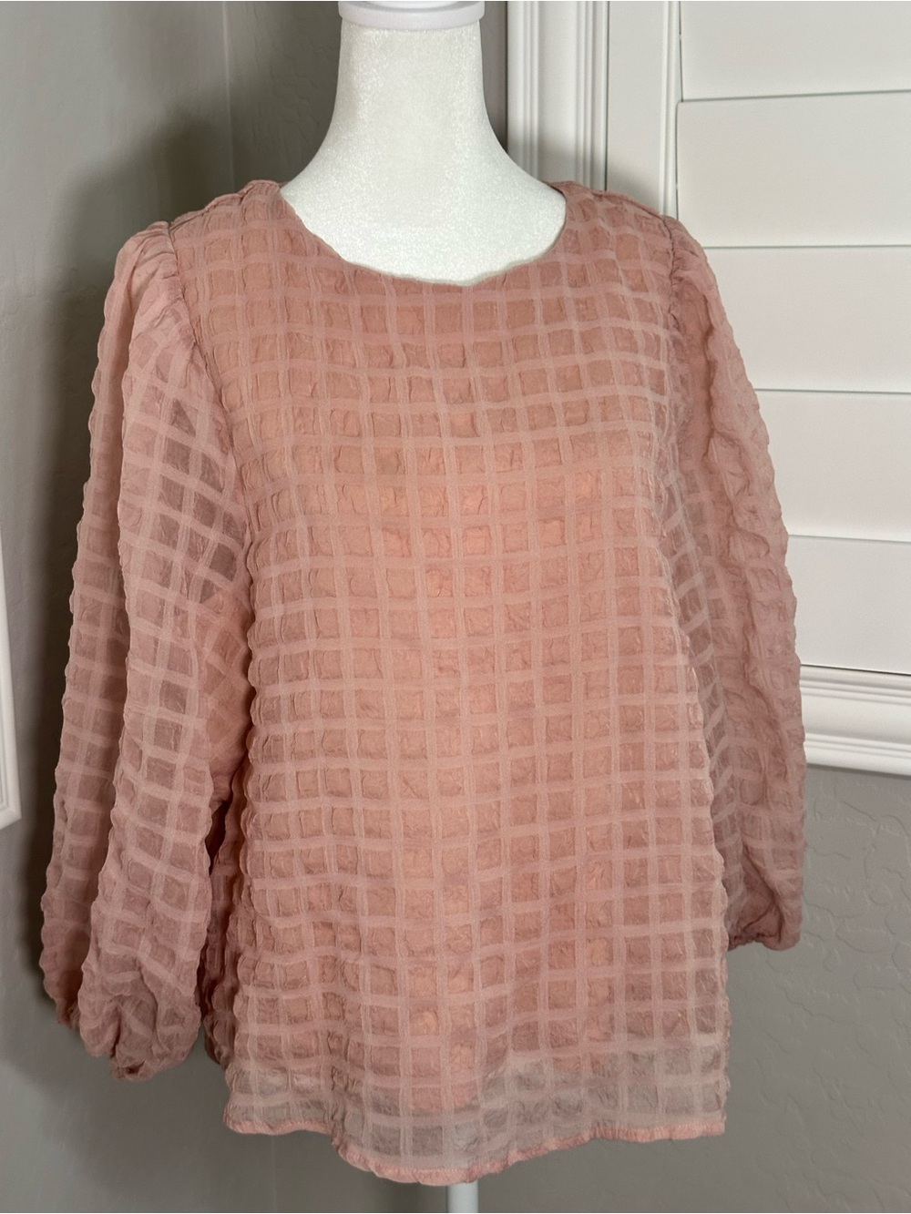 Sheer Blush Pink Grid-Textured Long-Sleeve Blouse
